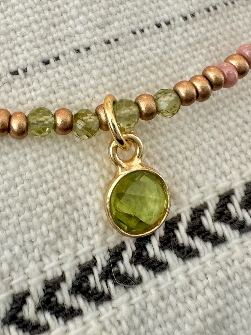 Rose Gold and Pale Green Ombre Bead Necklace with Green Peridot Charm